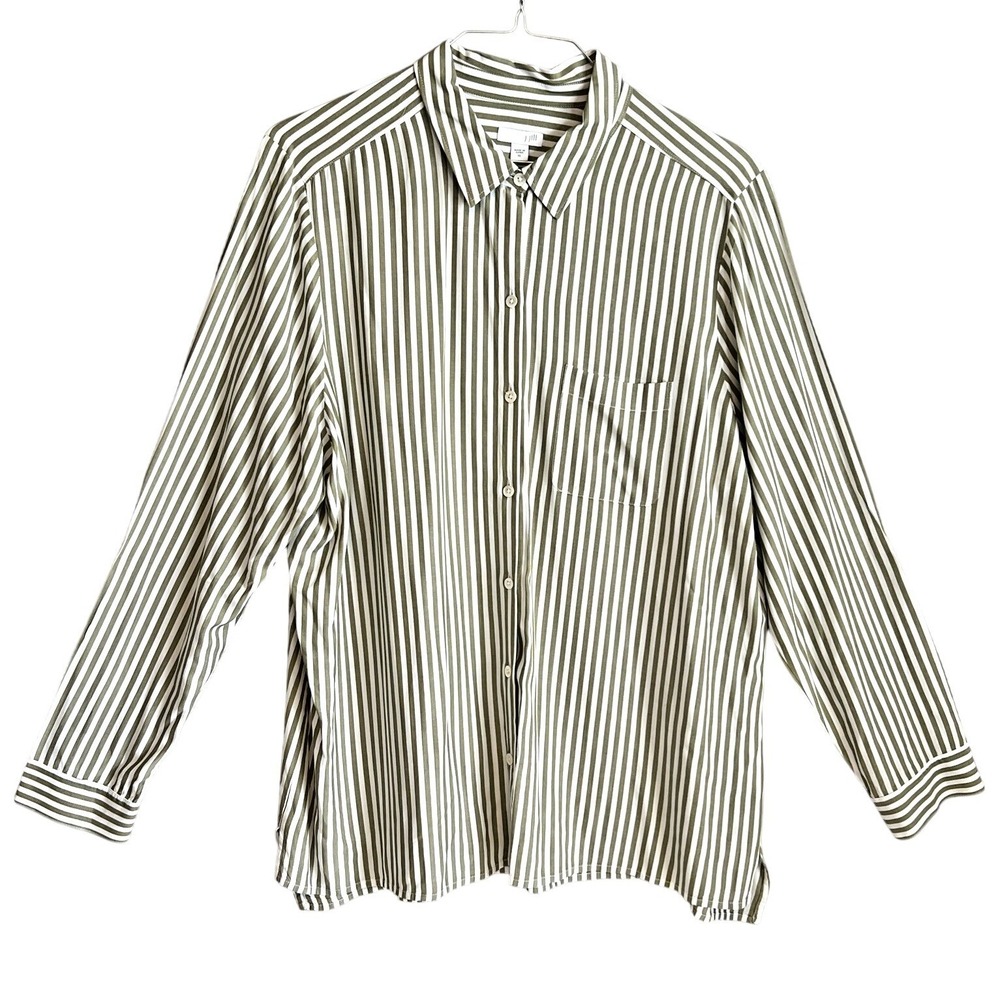 J. Jill Women's XL Striped Blouse Olive Green White Button Up Coastal Grandma